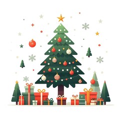 Flat, isolated illustration of a festive Christmas tree adorned with colorful ornaments, lights, and a shining star on top. The tree has a classic triangular shape and vibrant green branches. 