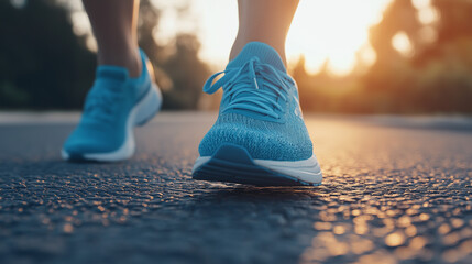 Charity run concept,person jogs down a quiet street as sun sets,highlighting their vibrant blue running shoes and warm glow of evening sky,copy space