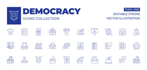 Democracy icons collection. Thin Line icons, editable stroke. vote, candidates, bribe, declaration, online voting, poll, debate, flag, movement, politician, voting