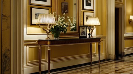 Elegant hallway with decorative lamps and floral display