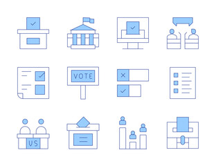 Democracy icons. Line Duotone style, editable stroke. polling, ballot, debate, election, poll, white house, vote, democracy, online voting, politicians
