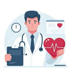 Flat, isolated illustration of a cardiologist in a lab coat, standing with a confident posture. The design is minimal, with clean lines and neutral tones, emphasizing a professional medical appearance