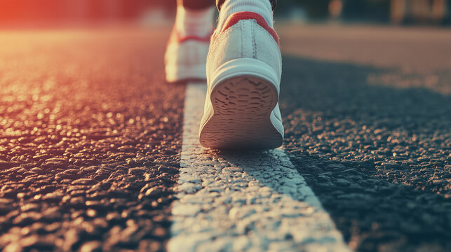 Charity walk concept,person walks purposefully along a sunlit road,their athletic shoes contrasting against asphalt,emphasizing movement and focus on journey ahead,copy space
