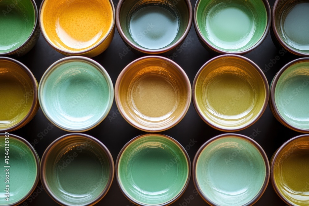 Poster circular tea cups in warm brown and green tones are artfully arranged, inviting an atmosphere of com