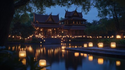 Obraz premium Tranquil Night Scene with Floating Lanterns and Water Reflection