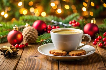 Still life image of coffee cup with cookies and festive Christmas decorations