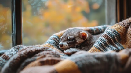 Obraz premium Cozy Ferret curled up in a warm blanket
