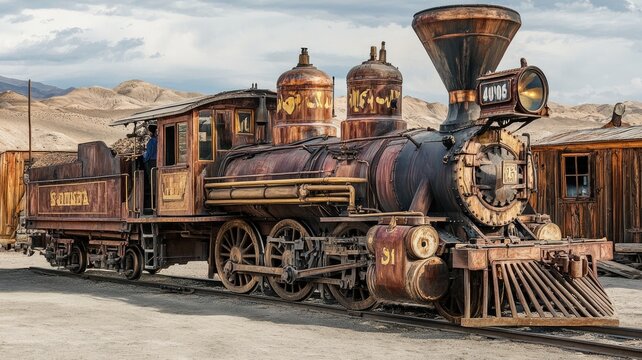 Vintage steam locomotive with ornate detailing on desert landscape and wooden buildings in background