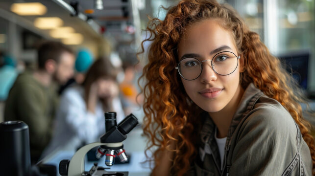 Young woman analyzing human brain microscope slide under microscope while sitting with scientists in background at laboratory