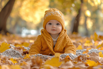 A baby dressed warmly for a fall day, sitting on a blanket surrounded by leaves