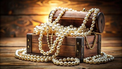 Still life image of treasure chest and pearl necklaces