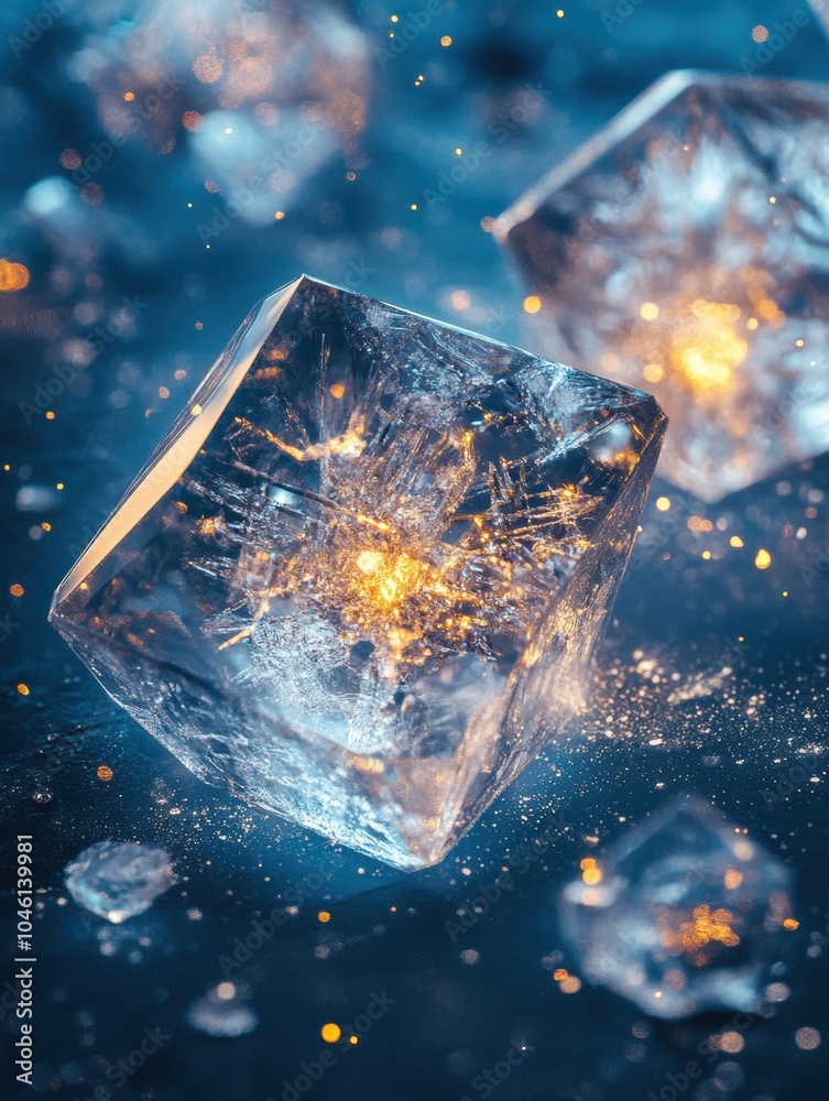 Poster intricate icy crystals shimmer with glowing reflections, creating an ethereal atmosphere against a d