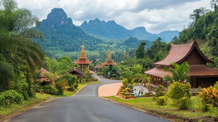 Fototapeta premium Peaceful Landscape with Mountains and Traditional Architecture