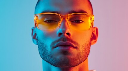 Stylish male portrait in glowing yellow sunglasses