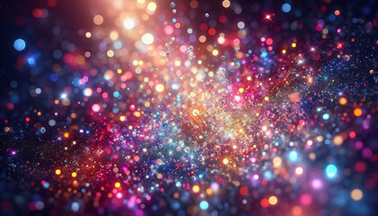 Glitter and sparkles scattered across the canvas, vibrant with a spectrum of colors, forming a dynamic pattern. Generative AI.