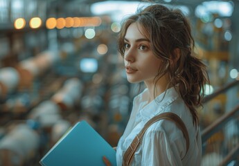 Woman project manager overseeing modern factory floor with robotics and automation, holding blue notebook, business casual attire, natural light, impressionist style