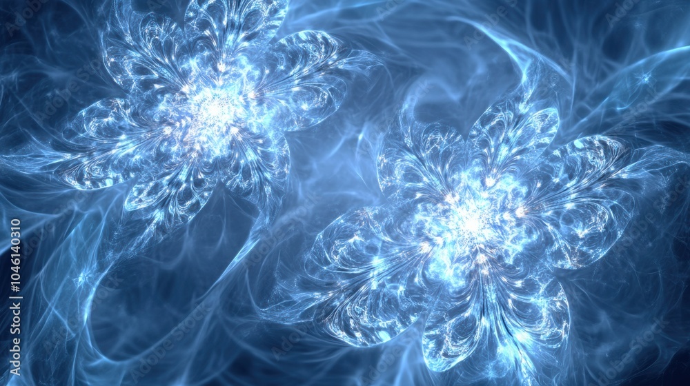 Aufkleber Intricate snowflake forms radiate with glowing icy shades, creating a mesmerizing winter-inspired display in a deep blue ambiance. Generative AI