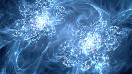 Obraz premium Intricate snowflake forms radiate with glowing icy shades, creating a mesmerizing winter-inspired display in a deep blue ambiance. Generative AI