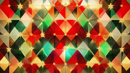 A lively geometric design of repeating diamond and star patterns inspired by Christmas lights, using bright reds, greens, and gold accents. 