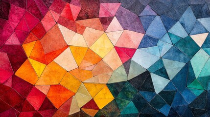Fototapeta premium Abstract colorful geometric pattern of triangles in shades of red, orange, yellow, green, blue.