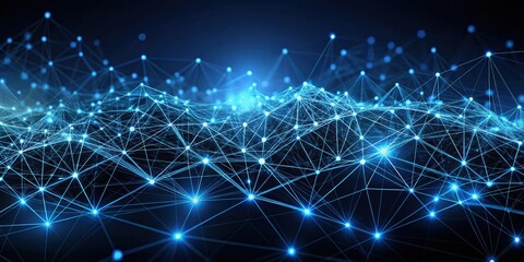 Fototapeta premium Abstract digital network with glowing blue nodes connected by thin lines representing communication and connection