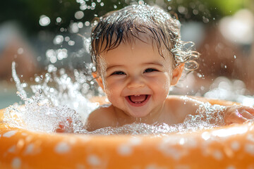 Obraz premium A baby playing with water in a small pool, splashing and laughing.