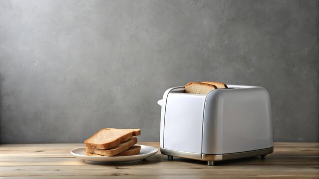 white and silver toaster on gray background with bread