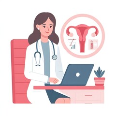 Fototapeta premium Flat, isolated illustration of a gynecologist wearing a lab coat, holding medical tools. The design features clean lines and a simple, professional appearance, ideal for healthcare-related visuals.