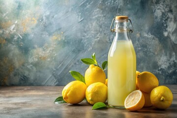 Still life of fresh homemade lemonade with bright lemons on textured background