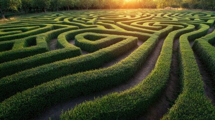Aerial view of green maze garden with sunlight in background