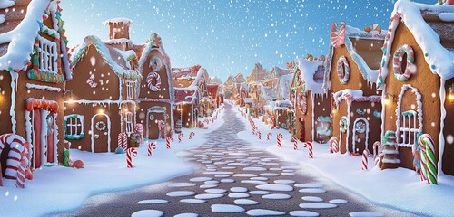 A magical Christmas village filled with gingerbread houses of all shapes and sizes, decorated with colorful candy canes, gumdrop pathways, and snowy icing rooftops. 