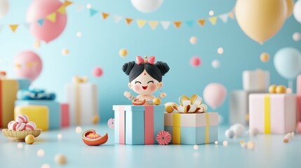 Festive celebration cute character in colorful gift boxes surrounded by balloons and treats