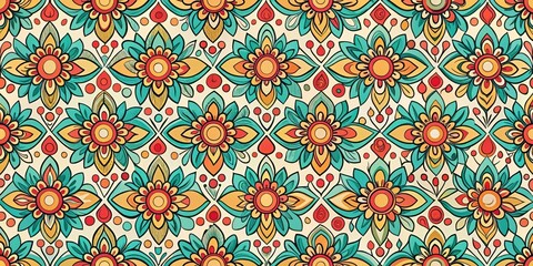 A whimsical floral pattern with vibrant hues of turquoise, orange, and red, showcasing an intricate design of stylized flowers and leaves