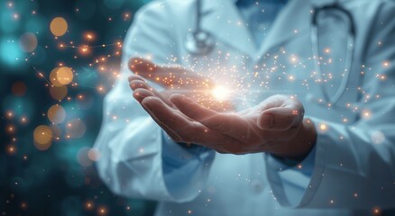 Doctor in White Coat with Futuristic Medical Hologram, Closeup, Cinematic Light, Hyper Detailed