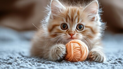 Naklejka premium A playful kitten with a ball of yarn, ready to pounce.
