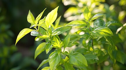 Obraz premium Close up of green leaves in sunlight.