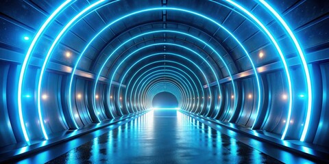 Naklejka premium A futuristic tunnel with glowing blue neon lights and reflective surfaces creating an ethereal and modern atmosphere