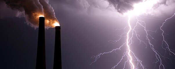 Industrial smokestacks emitting smoke against a dark stormy sky with lightning.