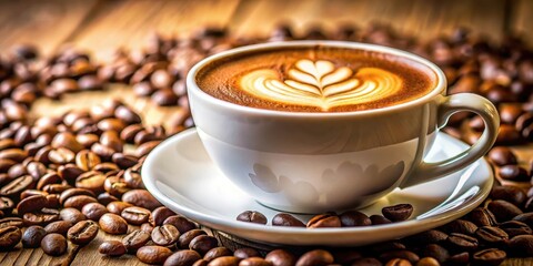 Obraz premium A cup of coffee with a latte art design, surrounded by roasted coffee beans on a wooden surface.