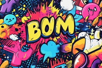 Fototapeta premium Colorful doodles burst with energy, featuring expressive speech bubbles and dramatic sound effects like boom, bam, and joyful faces. Generative AI