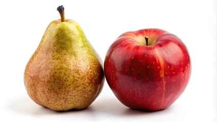 Still life of pear and red apple on white background