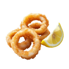 Crispy Fried Calamari, golden squid rings served with fresh lemon wedges, a delightful appetizer bursting with flavor and texture.
