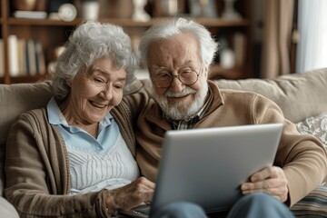 Happy elderly couple using laptop on sofa at home, enjoying video call and technology, smiling and communicating online in modern living room