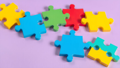 Obraz premium Colorful puzzle pieces on lilac background. Concept of autistic disorder isolated with white highlights, png