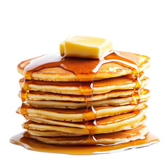 Fluffy pancake stack, golden butter melting on top, drizzled with rich maple syrup, inviting breakfast delight, warm and comforting.