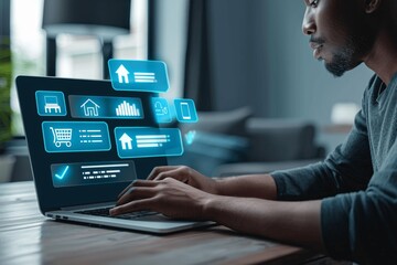 Real estate offers for sale and rental properties concept. Businessman using laptop to analyze mortgage loans for planning to buy or rent homes