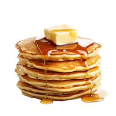 Fluffy pancake stack drizzled with warm maple syrup, crowned with a pat of melting butter, inviting and deliciously tempting.