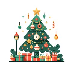 Naklejka premium Flat, isolated illustration of a festive Christmas tree adorned with colorful ornaments, lights, and a shining star on top. The tree has a classic triangular shape and vibrant green branches. 