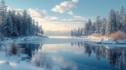 Fototapeta premium a serene winter landscape with snow-covered trees and a frozen lake.
