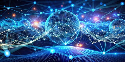 Fototapeta premium Abstract Digital Network of Interconnected Nodes and Lines Forming a Glowing Sphere in a Deep Blue Space